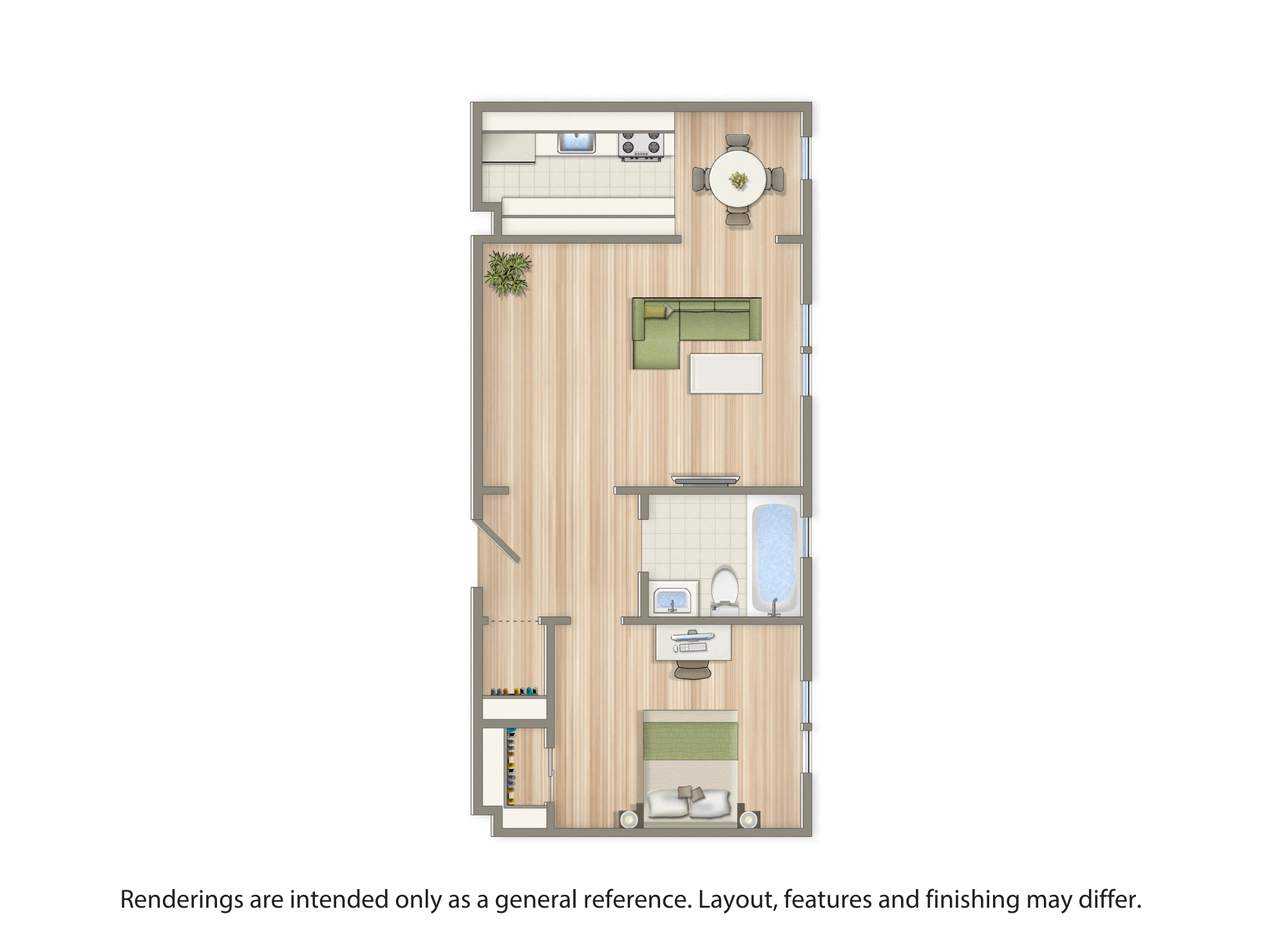 Floor plan for 1 bed, 1 bath, 500 sqft